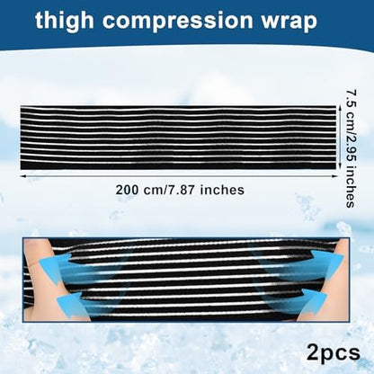 Adjustable black thigh compression wrap shown on a quadriceps muscle