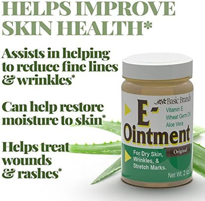Basic Brands Vitamin E two ounce skin protectant formula highlighting wheat germ oil and aloe vera ingredients