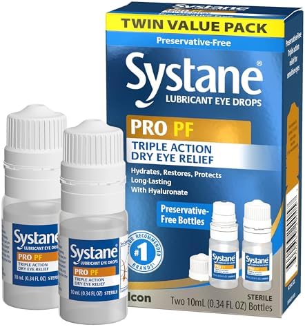 Close up of Systane PRO PF packaging showing triple action hydrate restore and protect benefits.
