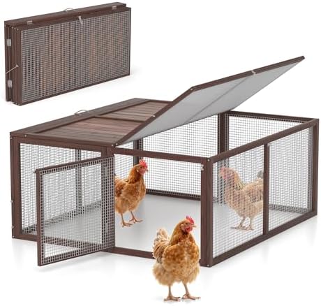 Chicken Coop, Wooden Rabbit Hutch Outdoor Indoor Folding Bunny Cage with Handle Portable Chicken Run with Top & Side Opening Doors Small Animal Playpen No Assembly Pet Poultry Cage for Bunny(Brown) - Image 2