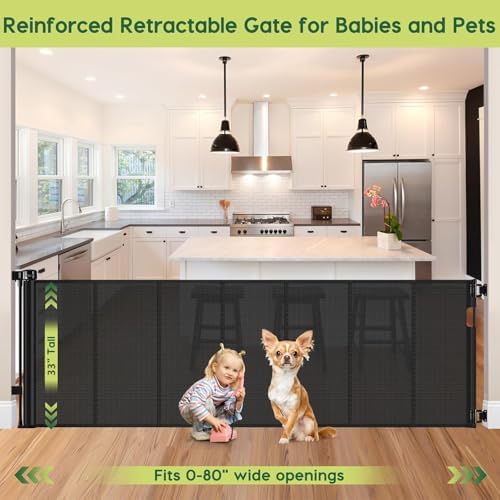HEELALBABY extra wide black mesh dog gate extended across an open floor plan hallway