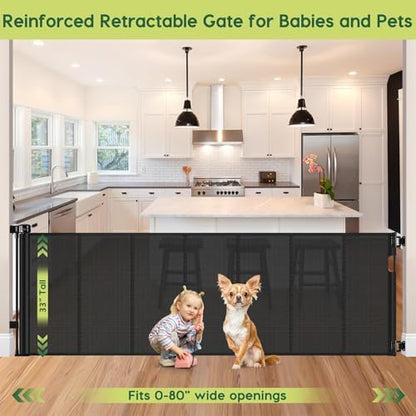 HEELALBABY extra wide black mesh dog gate extended across an open floor plan hallway