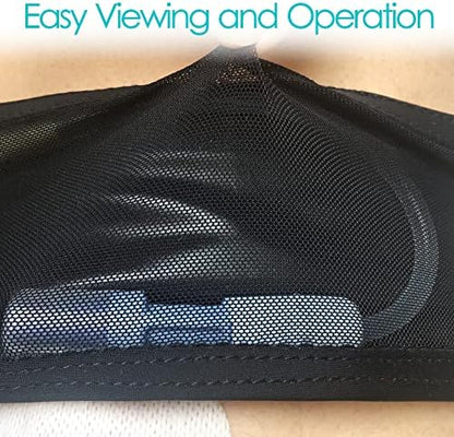 Close up of the medical catheter holder belt showing the transparent mesh window designed for quick visual transfer set adjustments