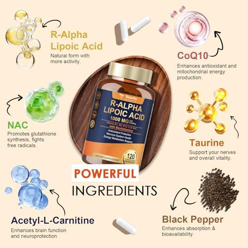 Supplement facts panel on Totaria R-ALA bottle displaying exact dosages of NAC and CoQ10.