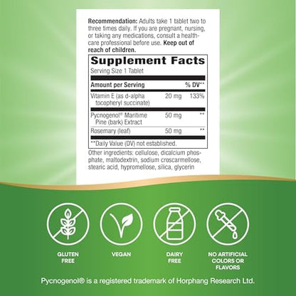 Close up of the authentic USA imported Nature's Way Pycnogenol vegan tablets packaging.