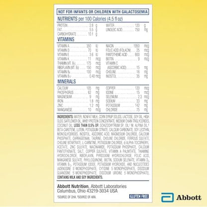 Similac NeoSure liquid baby formula eight fluid ounce bottle close up displaying nutritional facts and ingredients