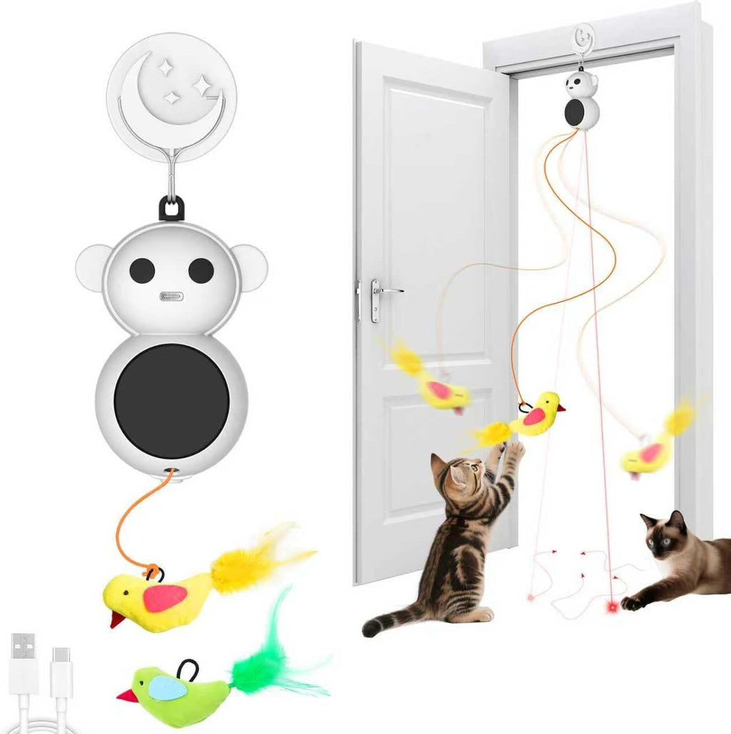 Hands free interactive cat enrichment toy with motion sensor base.