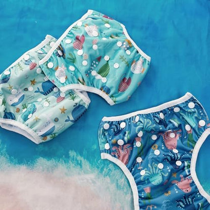 Close up of ocean blue pattern on Happy Flute baby swimwear