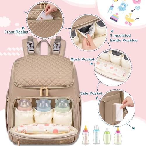 Weitars quilted leather diaper backpack displaying five insulated pockets
