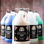Bark2Basics calming pet shampoo bottle highlighting its biodegradable and soap free formulation.