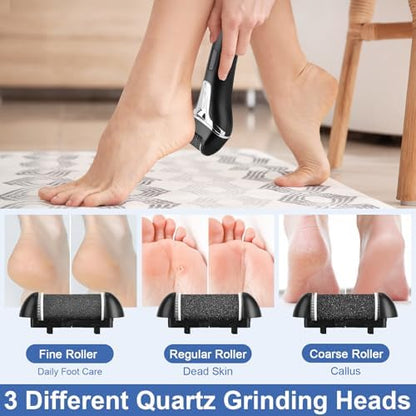 Handheld electric pedicure tool with adjustable speed settings for dead skin removal.