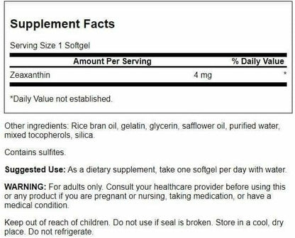 Swanson Zeaxanthin eye health supplement label details