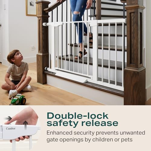 Cumbor white toddler safety gate showing wall cups preventing drywall damage