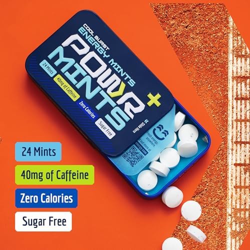 POWR Cool Burst flavor energy mints zero calorie nutritional information on back of tin.