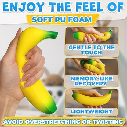 Tesorrio banana squeeze toy held in hand for size reference