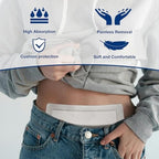 The reverse side of the Ceeport bordered gauze dressing illustrating the easy to peel protective backing and hypoallergenic adhesive strips.