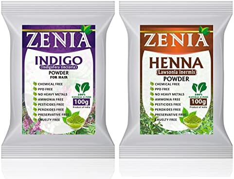 Zenia chemical free natural hair dye kit packaging highlighting pure plant ingredients