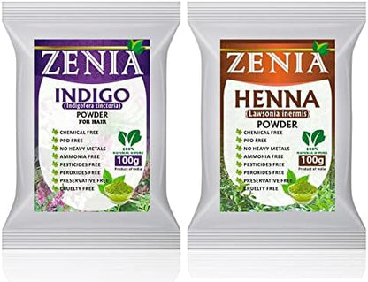 Zenia chemical free natural hair dye kit packaging highlighting pure plant ingredients