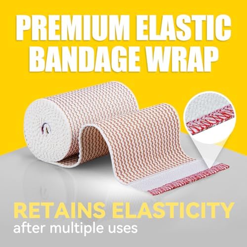Six rolls of white cotton elastic bandages for sports injury recovery.
