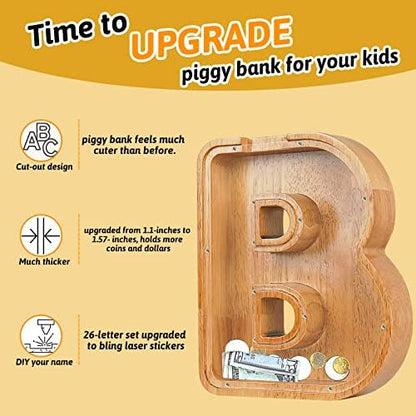 Educational wooden money savings bank for boys and girls demonstrating how to safely unscrew the front panel to access real money