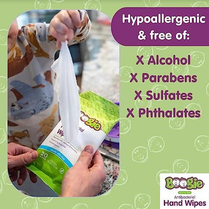 Antibacterial Hand Wipes by Boogie, Alcohol Free, Hypoallergenic and Moisturizing Aloe, Hand Wipes for Kids and Adults, 6 Packs of 20 (120 total wipes) - Image 3