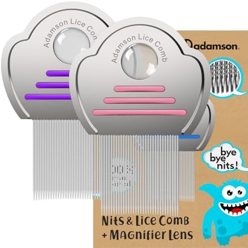Adamson Stainless Steel Lice Comb Three Pack front view showing red pink and blue handles