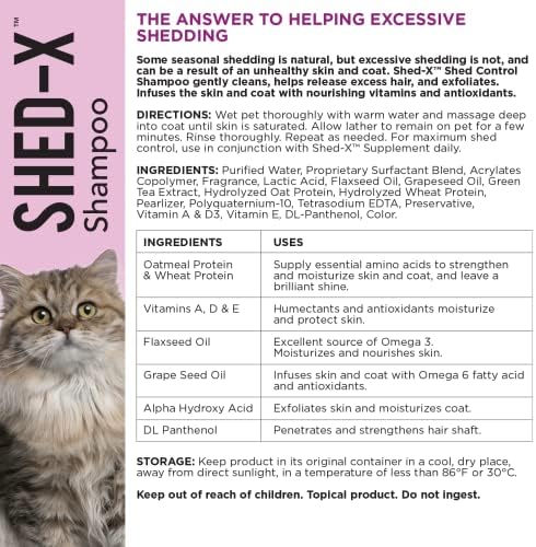 SynergyLabs Shed-X cat shampoo bottle displayed against a clean grooming background