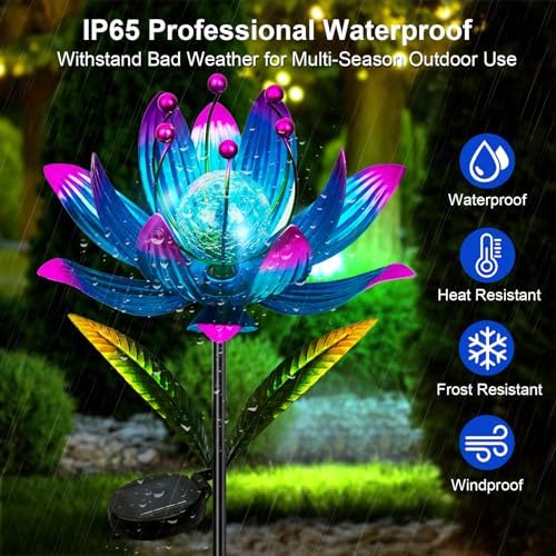 Solar powered wind spinner illuminated in garden at night
