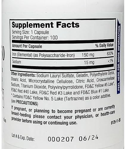 Breckenridge Ferrex 150 mg iron dietary supplement capsules shown out of the bottle for sizing reference