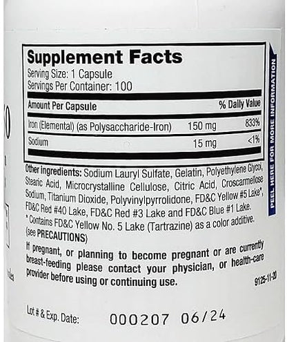Breckenridge Ferrex 150 mg iron dietary supplement capsules shown out of the bottle for sizing reference
