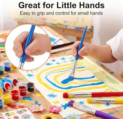Bright multi colored handles of the preschool classroom art brush set laid flat.