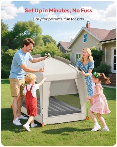 QPAU inflatable baby bed with tent collapsed and packed neatly inside its matching travel tote storage bag.