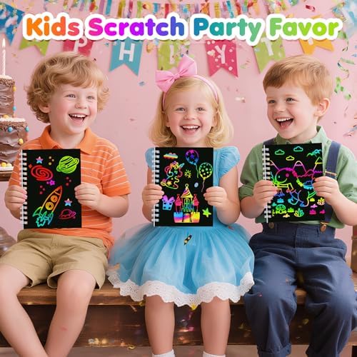 Demonstration of the reusable stencils showing dinosaur and unicorn designs on the magic scratch paper.