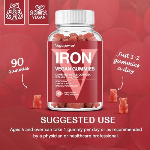 Close-up of peach-flavored vegan iron gummy vitamins highlighting the soft texture and gelatin-free composition.