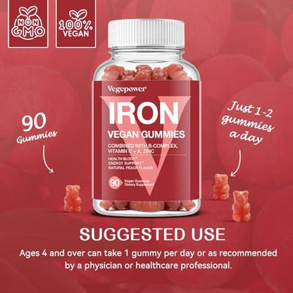 Close-up of peach-flavored vegan iron gummy vitamins highlighting the soft texture and gelatin-free composition.