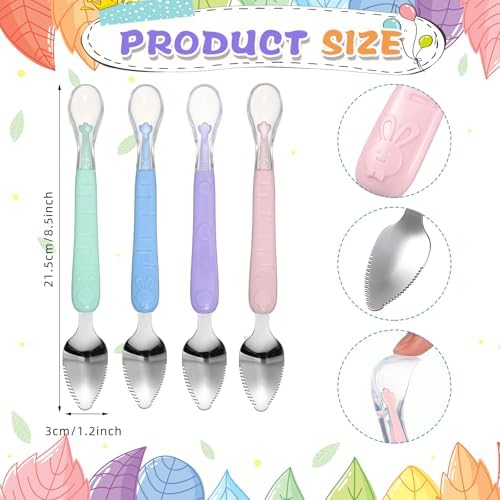 Lallisa infant fruit scraping mud spoon demonstrating the stainless steel scraper edge on fresh fruit