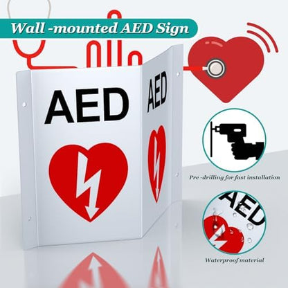 V-shaped 3D defibrillator location sign for hallway visibility