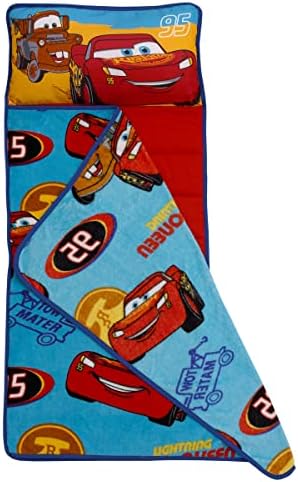 Authentic USA imported Disney Cars preschool sleeping pad unrolled showing attached blanket
