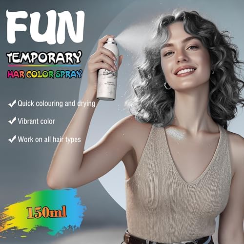 Silver gray temporary hair spray being applied to style dark hair instantly.