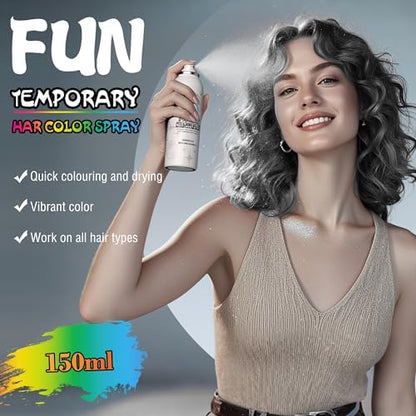 Silver gray temporary hair spray being applied to style dark hair instantly.