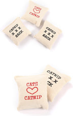 Ten piece set of small canvas cat chew toys arranged to showcase the different printed design variations