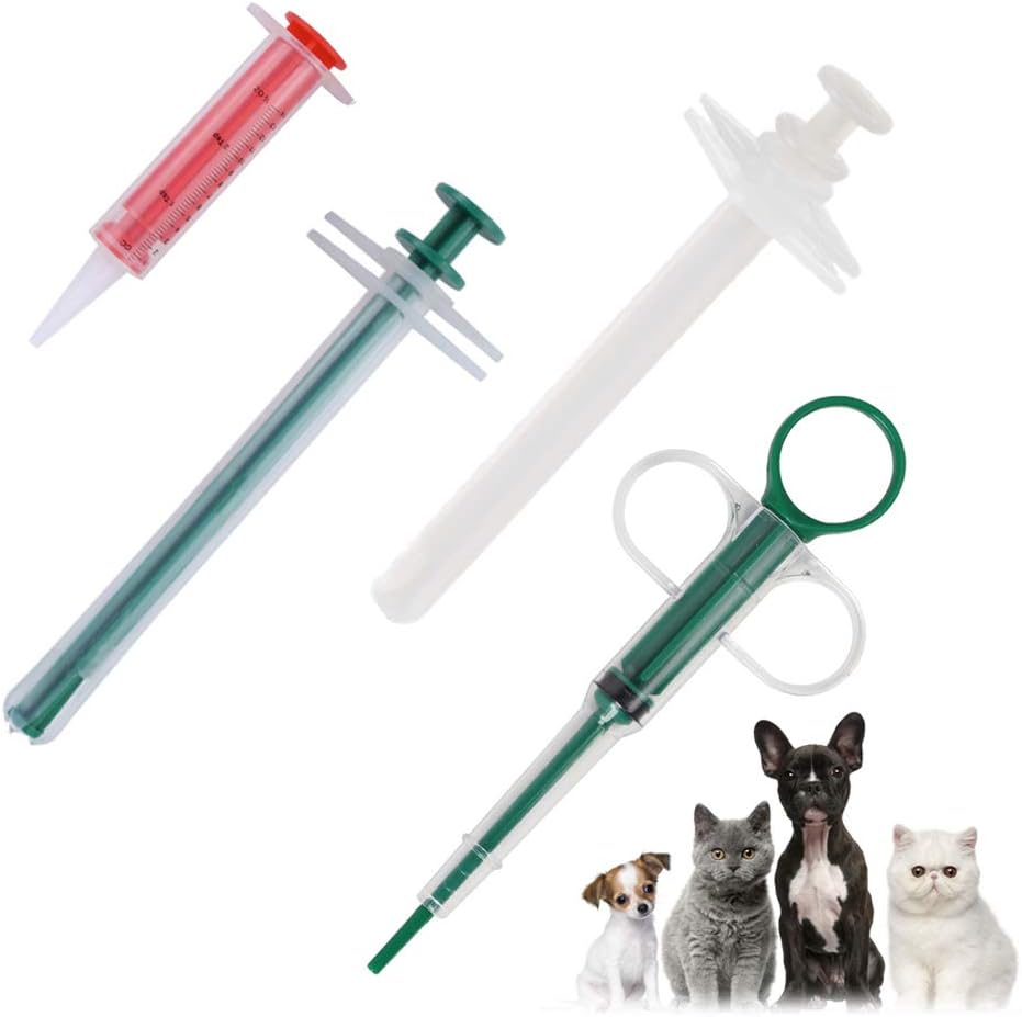 Tchrules 4 piece pet pill shooter front view showcasing green, red, and white dispensers.