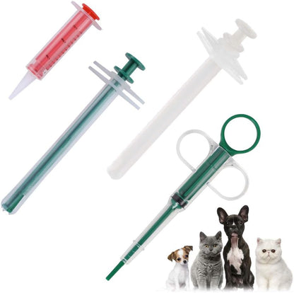 Tchrules 4 piece pet pill shooter front view showcasing green, red, and white dispensers.