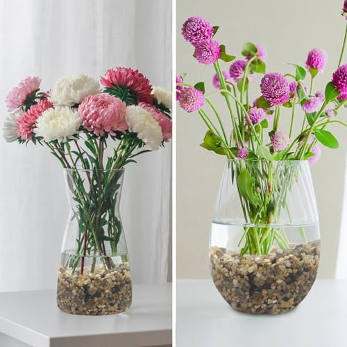 Clear glass vase filled with Shizwu colored rocks and pebbles