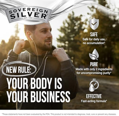 Sovereign Silver Bio-Active Silver Hydrosol 10 ppm liquid supplement details.