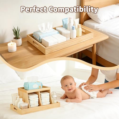 Three Colors Wooden Diaper Caddy Organizer styled on a baby changing table