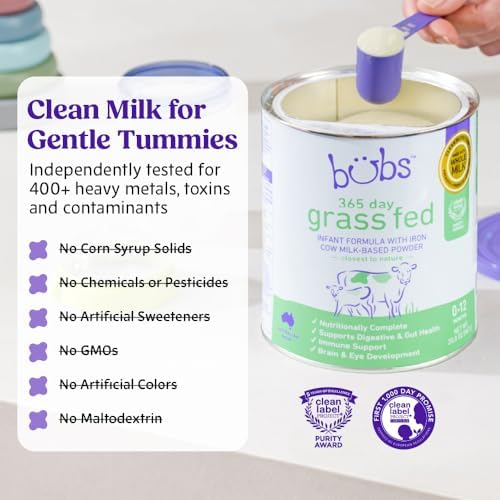 Side profile of Bubs cow milk formula emphasizing non-GMO and iron enriched benefits.