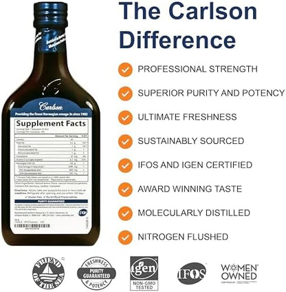 Carlson Norwegian wild caught liquid omega 3 supplement lemon flavor side view