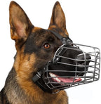 Bronzedog metal basket dog muzzle showing genuine leather adjustable straps