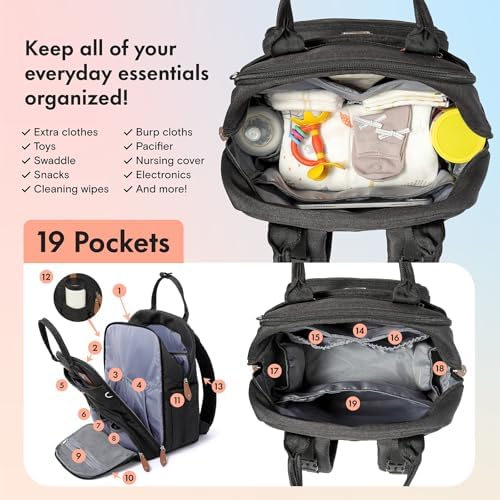 Dikaslon premium diaper organizer open compartment view showing nineteen internal pockets and insulated sections